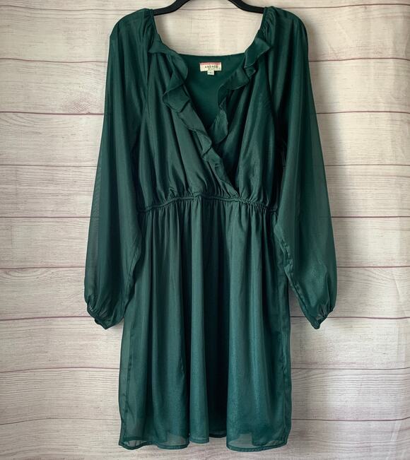 ANDREE BY UNIT Dresses & Skirts - Andree by Unit Shimmery Forest Green Dress Sheer Long Sleeves Ruffle Size L